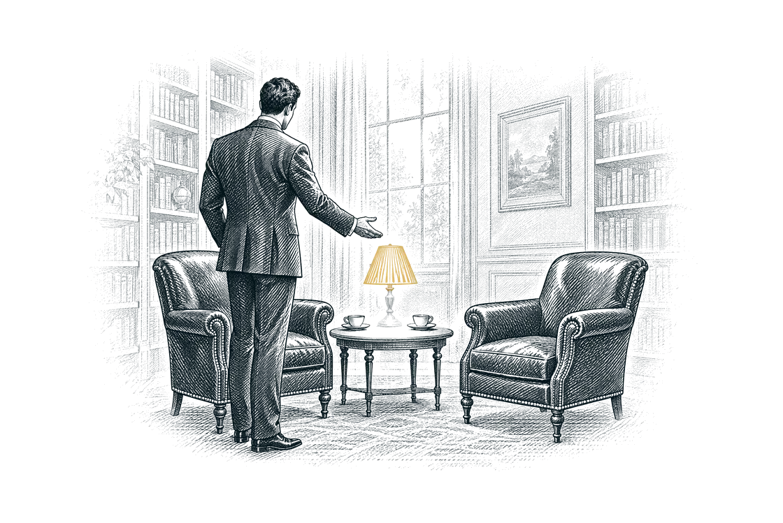 An advisor in a quiet library offering the empty chair across the desk